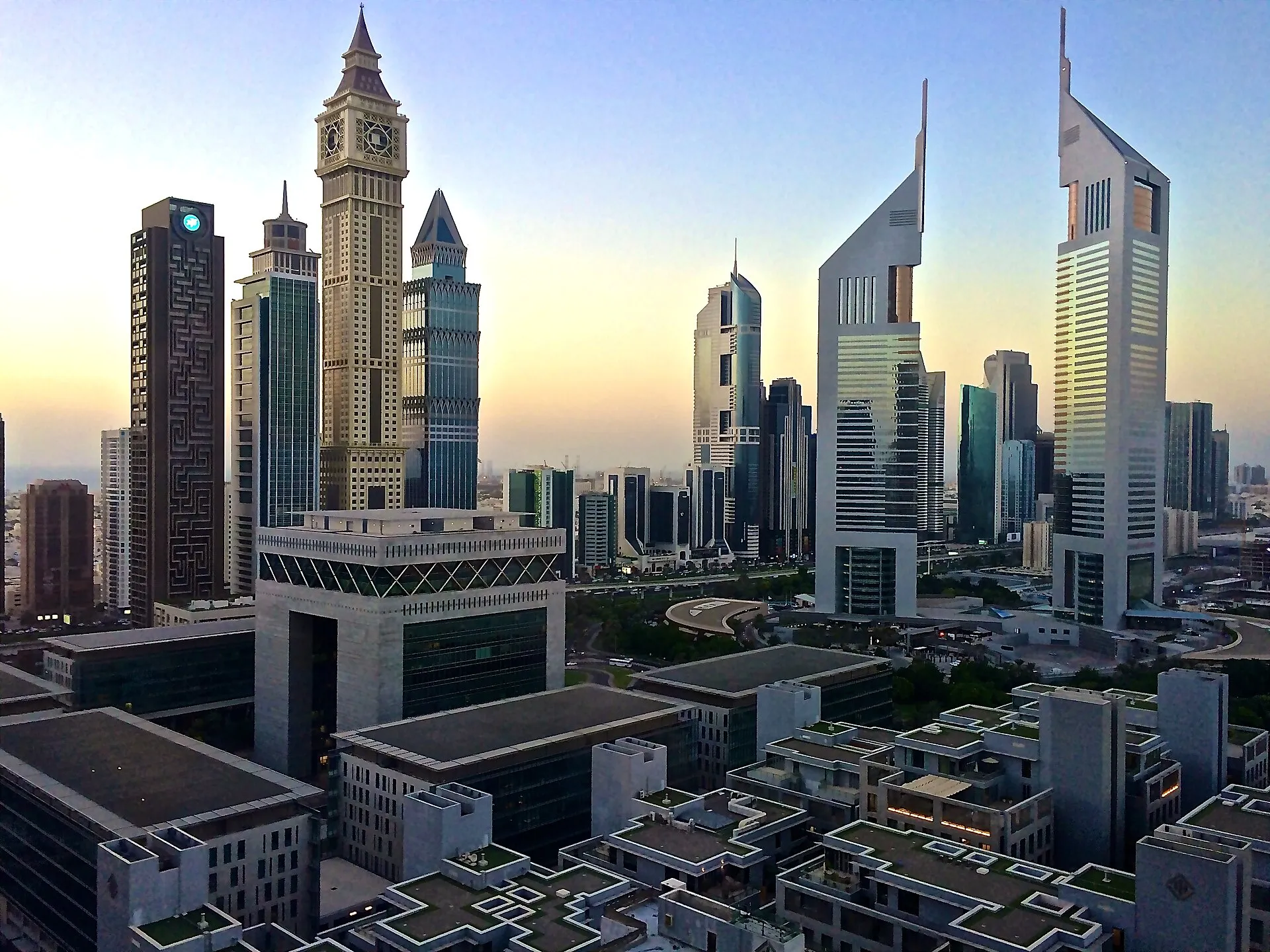 Emirates Towers and Dubai's financial district at dawn